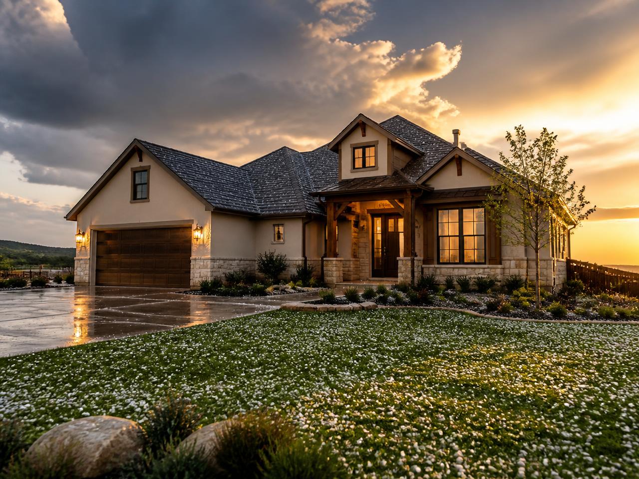 Texas home with hail scattered across the lawn as storm clouds clear